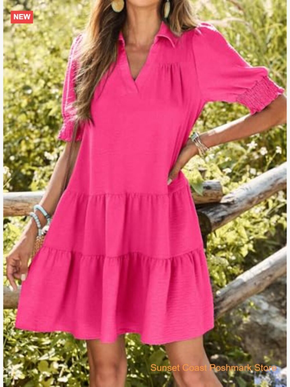 Womens Lapel V Neck Midi Dress Pleated A-Line Short Sleeve Summer Casual Pull On - Picture 3 of 7